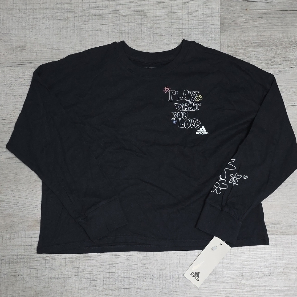 NWT Adidas Girls Black Long Sleeve Crew Waist Cotton Shirt - Size Small 7/8